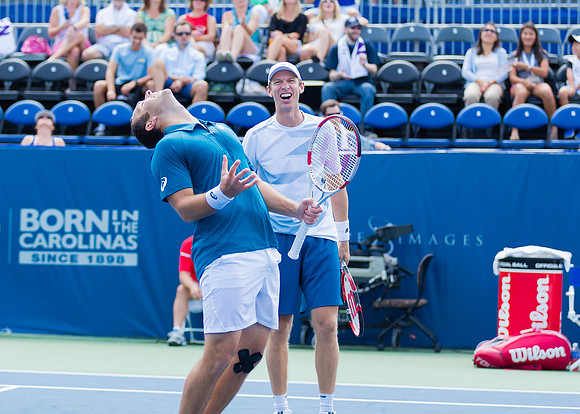 Eric Butorac and Scott Lipsky react at the Winston-Salem Open