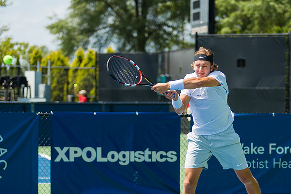 Brayden Schnur follows through at the Winston-Salem Open