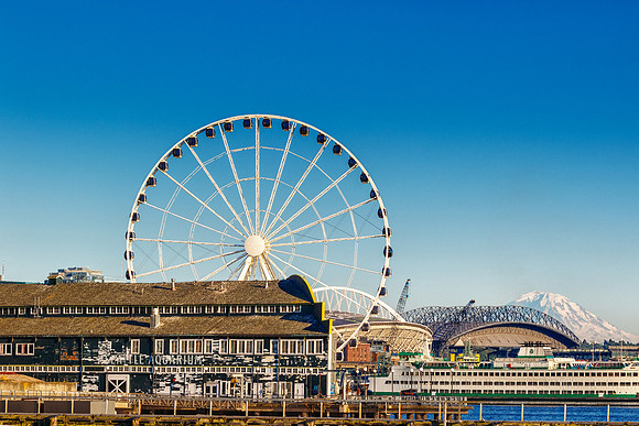 Pier 57 and Mount Ranier in Seattle