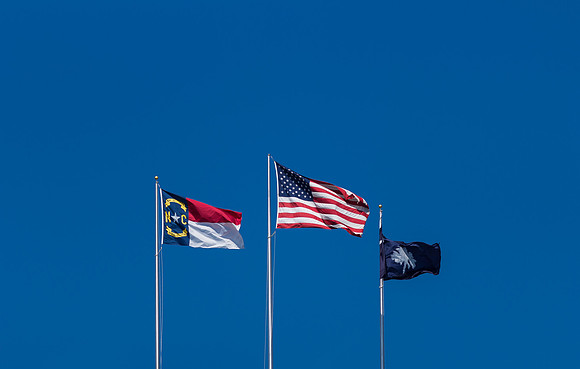 NC, US and SC Flags and Blue Sky